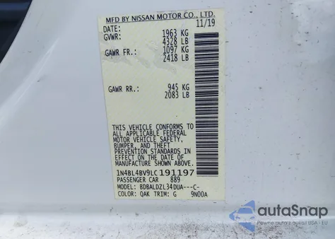 2020 Nissan Altima S Fwd from USA, damaged, VIN 1N4BL4BV9LC191197